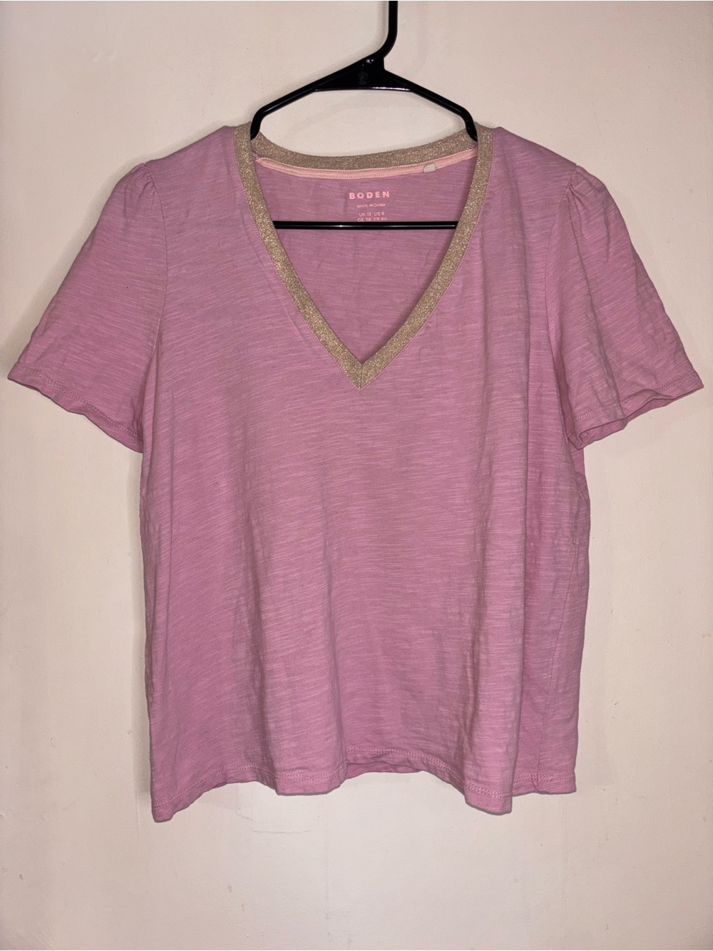 Boden Lavender-Pink V-Neck Short Sleeve Top with Metallic Trim